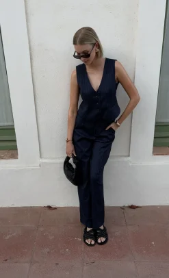 Fashion Rus Pinstripe Straight Pants | Dark blue Broeken