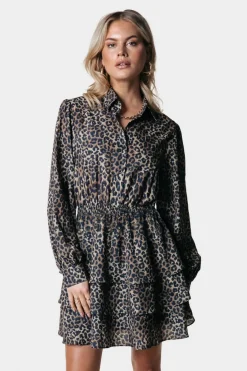 New Sacha Leopard Ruffle Dress | Warm Brown Jurken